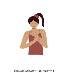 A girl itches from allergies, a person suffers from itching from eczema, a rash all over the skin, vector illustration for medical sites, institutions