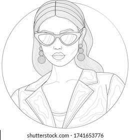 
Girl in a jacket and glasses. With earrings in the ears.Coloring book antistress for children and adults. Illustration isolated on white background.Zen-tangle style.