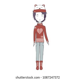 A girl in a jacket hat blond long hair family person school student winter sea travel blond woman character friend drawing full-length pigtails geometric love autunm print on white background