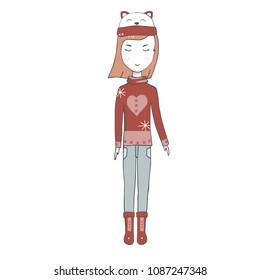A girl in a jacket hat female redheaded long hair family person school friend student winter sea travel blond woman autunm character drawing full-length pigtails print geometric on white background