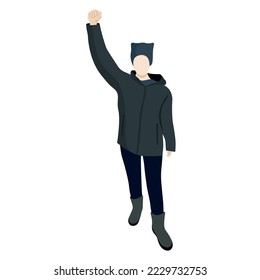 A girl in a jacket and a hat stands with one hand raised up, flat vector, isolate on white, protest, faceless illustration