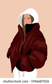 Chica en una chaqueta y una capucha. Todavía está fresco en primavera. Ropa de moda. Cartel. Ilustración del vector	