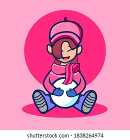 Girl with jacket and scarf playing with snowball vector icon illustration. Winter Icon concept. flat cartoon style suitable for web landing page, banner, sticker, background