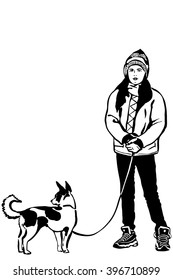  girl in a jacket with a small dog onleashp