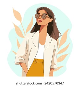 Girl with Jacket and Sunglasses Portrait - Showcasing Stylish Fashion and Trendy Confidence. Flat Vector Illustration 