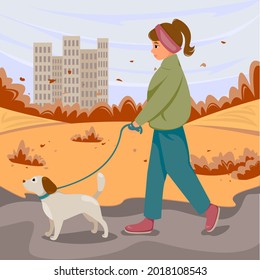 Chica en chaqueta caminando con perro corredizo en el parque de otoño. Ilustración vectorial.