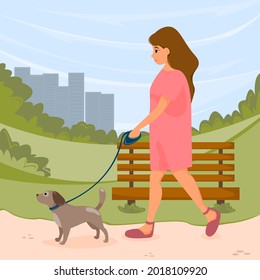 Chica en chaqueta caminando con perro corredizo en el parque de verano. Ilustración vectorial.