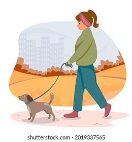 Chica en chaqueta caminando con perro corredizo en el parque de otoño. Ilustración vectorial.