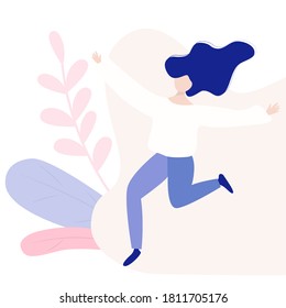 Girl jamming. Pink background. Flat art girl