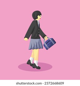 Girl in Japanese School Uniform or Formal Attire Walking