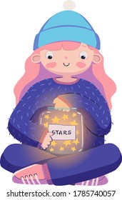 Girl with a jar of shining stars vector illustration