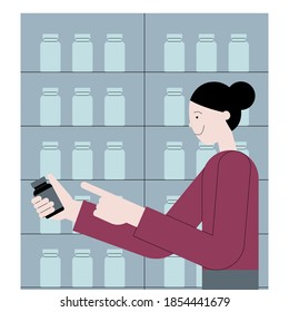 A girl with jar of vitamins for health and beauty in her hand examines the composition. Making a choice in shop. Naturopathy and natural health products.