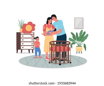 Girl jealous with parents' newborn baby flat color vector detailed characters. Father, mother in nursery room. Family conflict isolated cartoon illustration for web graphic design and animation