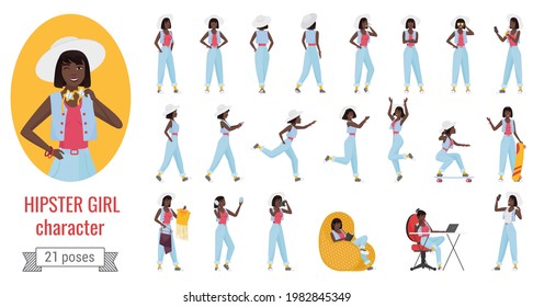 Girl In Jeans And Hat Poses Infographic Vector Illustration Set. Cartoon Young Woman Hipster Character With Various Postures And Emotions, Posing Running Standing Walking Working Isolated On White