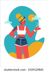 A girl in jeans shorts and glasses with a cocktail in her hands. Vector graphics. Summer vacation at the sea. flat design