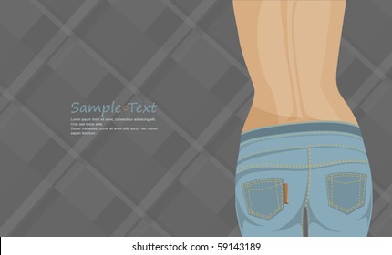 A girl in jeans shows her waist back and hips
