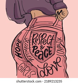 Girl in jeans witn lettering graphic. Cute hand drawn doodle lettering motivation phrase postcard. Lettering art banner, t-shirt design. 