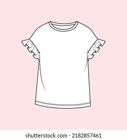 girl jersey woven top with frill sleeve flat sketch illustration