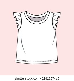 girl jersey woven top with frill sleeve flat sketch illustration