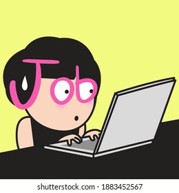 Girl With Job Alphabet Eyes Searching For Work Opportunities On Laptop. Find Job Online Concept Card Character illustration