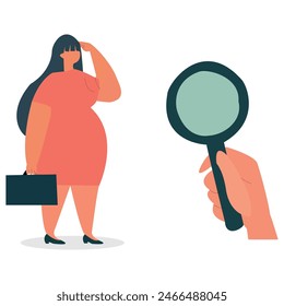 Girl job hunting with magnifying glassess flat vector illustration on white background