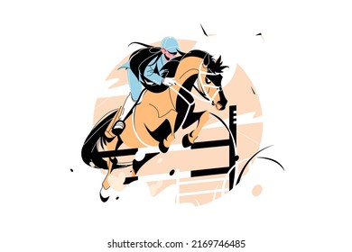 Girl jockey riding brown horse vector illustration. Woman in uniform with protective helmet flat style. Horse racing and competition concept. Isolated on white background