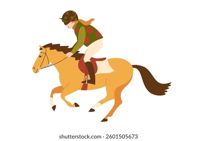 Girl jockey riding a horse, illustrated in a flat design style, with vibrant colors and a dynamic pose