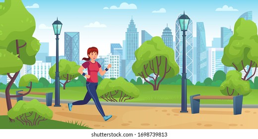 Chica trotando en el parque de la ciudad. Una mujer activa se dirige a la formación, actividades deportivas al aire libre y la ilustración vectorial de estilo de vida saludable. Ejercicio de jogging y fitness para chicas, ejercicio de actividad para mujeres