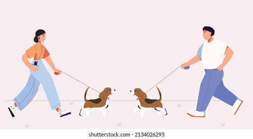 The girl is jogging with a dog and meet man. Beagle. The owners walks the dogs. Vector illustration