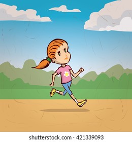 Girl jogging. Hand drawn cartoon vector illustration.