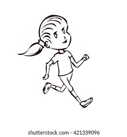 Girl jogging. Hand drawn cartoon vector illustration.