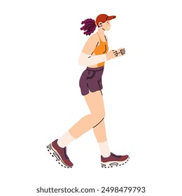 Girl is jogging. Happy and fulfilling life. Sports marathon on running. Daily activity and healthy lifestyle. Vector illustration isolated on transparent background.