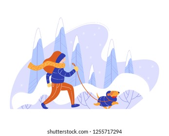 Girl Is Jogging With Her Dog In Winter. Vector Illustration