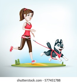 Girl jogging with her siberian husky dog