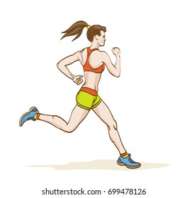 Girl jogging. Isolated on white. Vector illustration.