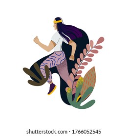 The girl is jogging on the road outside the city. Around it grow grass and shrubs. The picture is made in the style of minimalism. This is a sport baby.