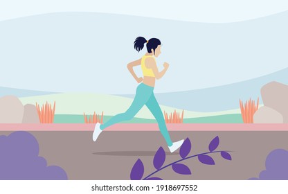 Girl jogging in park, outdoor sport activities and healthy lifestyle cartoon vector illustration. Girl jogging and fitness exercise, woman activity workout