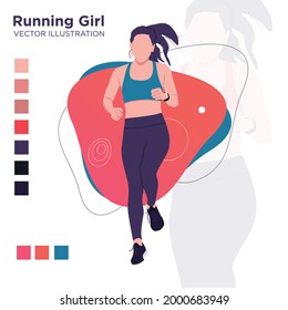 Girl Jogging, Trendy style vector illustration. Minimalist Geometric Shapes Background with a color palette