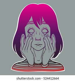 A girl joker shows grimace of faces. Grimacing face like a zombie. Hand drawn vector illustration.