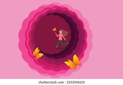 Girl joyful with butterfly on pink background, Happy women's day,  Vector illustration. 