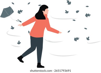 A garota alegremente descarta seu guarda-chuva, se divertindo com a brisa crocante do outono, seu cabelo dançando ao vento enquanto as folhas coloridas giram ao redor de seus pés.