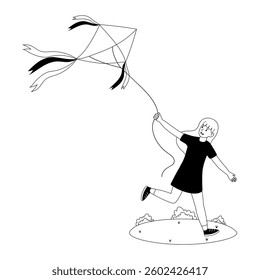 Girl joyfully flying a kite in a grassy field on a sunny day