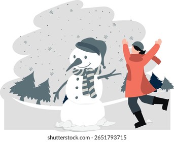 A menina está alegre, seu rosto radiante de prazer, enquanto ela cria um boneco de neve. Sua risada ecoa pela paisagem de inverno, cheia de bolas de neve, narizes de cenoura e memórias quentes.