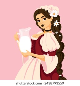 A girl with a jug of milk in a stylized national costume. Dairy farm. Vintage vector illustration. 