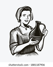 Girl with jug of wine. Alcoholic drink sketch vintage vector illustration