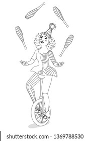 Girl juggler on a unicycle for coloring book