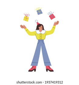 
A girl is juggling with gift boxes. Vector bright character on white background for postcards, posters and advertising. 