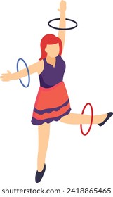 Girl juggling rings isometric Concept, Cute Hoop Juggler Vector Icon Design, circus artist Symbol, Street Mime performer Sign, Carnie troupe Stock illustration