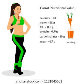 Girl with juice. Carrot. Nutritional value. Healthy Lifestyle. Flat design. Vector illustration