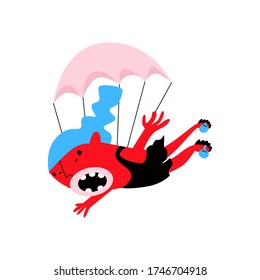 Girl jump with parachute. isolate vector illustration with funny unusual character. 
